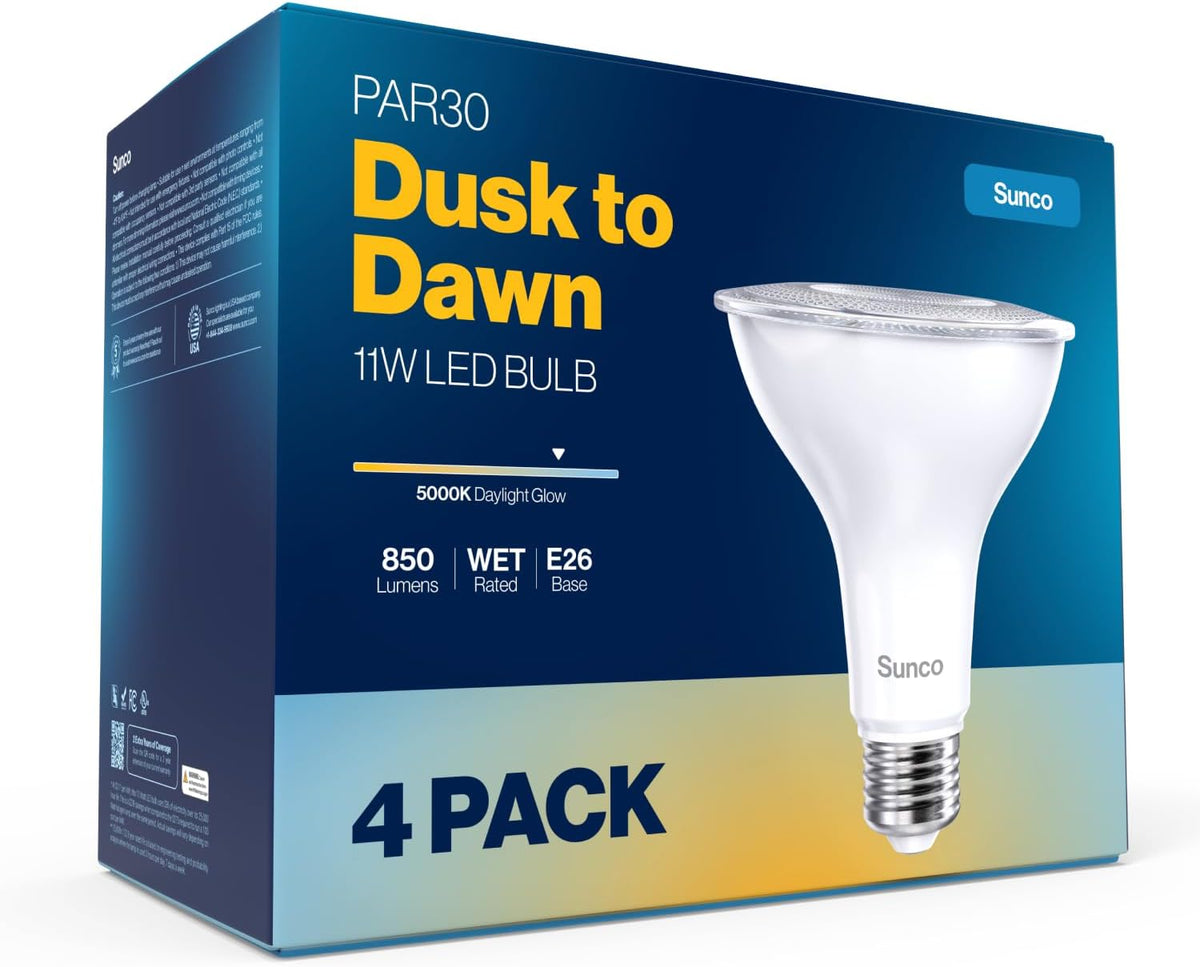 Sunco 4 Pack PAR30 LED Bulbs, Dusk to Dawn Flood Light, 11W, E26