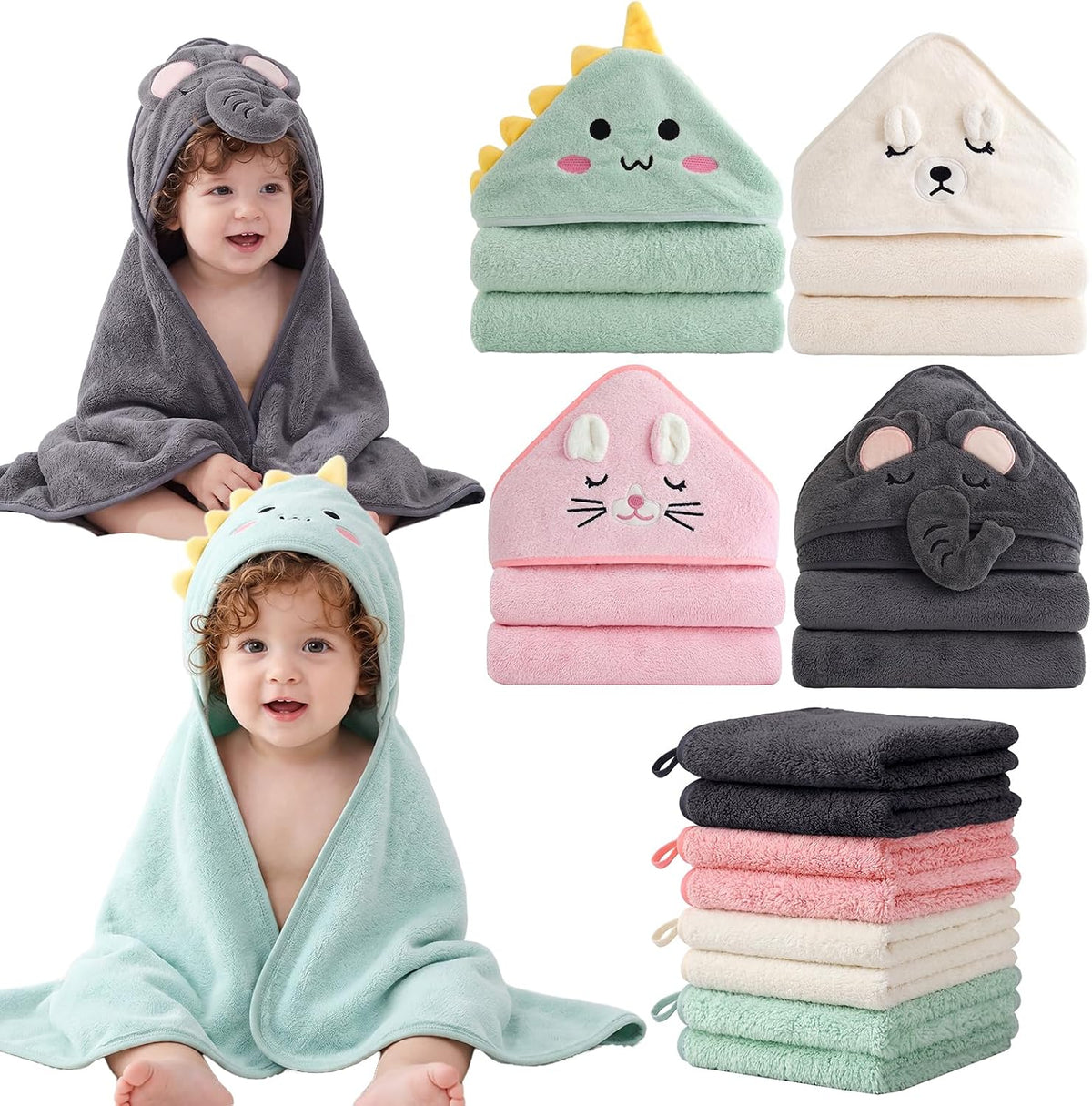 12-Piece Baby Towels Set - 4 Hooded Bath Towels + 8 Washcloths