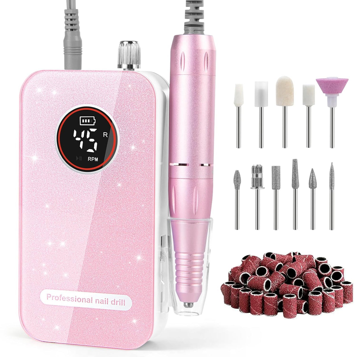 Professional Nail Drill, 45000RPM Rechargeable Cordless Electric File,Pink