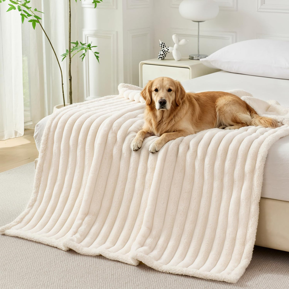 PERFEMET Large Waterproof Dog Blanket for Pet, Reversible Corduroy Fleece Throw Blanket for Dogs Cats, Washable Furniture Car Bed Protector Cover Cozy Calming Pet Blankets, 60"X80", Cream Beige