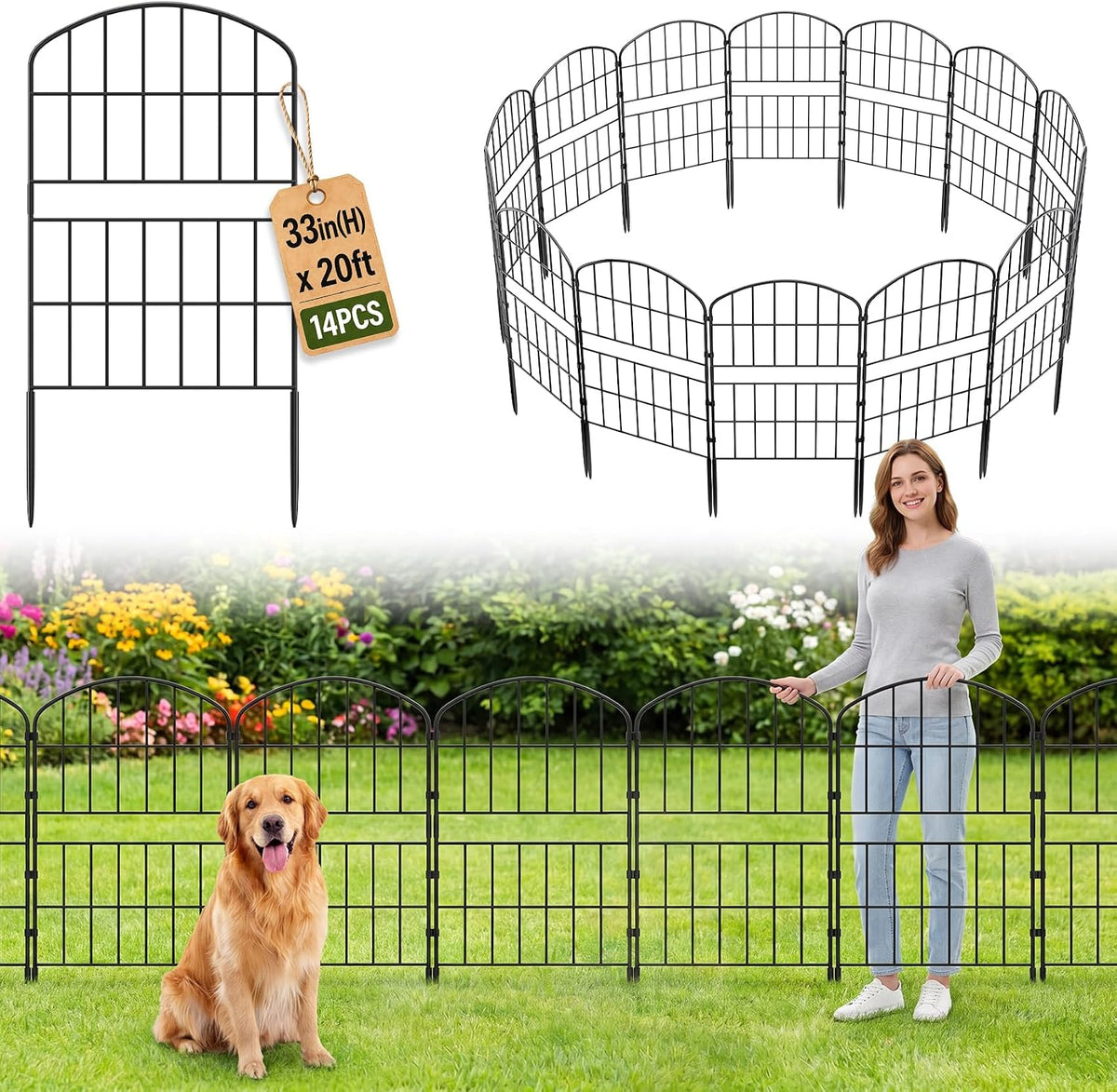 KIMAZO 32.5In (H) X 20Ft (L) Tall Decorative Garden Fence - 14 Pack Garden Fencing, Rustproof Metal Wire Panel Border Animal Barrier for Dog, Flower Edging for Yard Landscape Patio Outdoor Decor