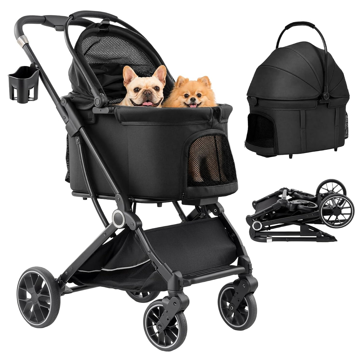 3-In-1 Pet Stroller for Medium Dog & 2 Small Dogs, up to 50 Lbs Fold Black