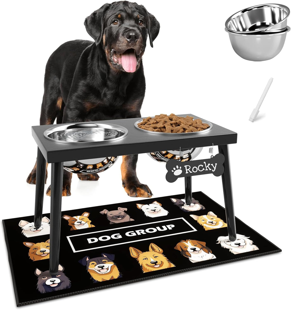 ADENGL Metal Raised Dog Bowl Stand for Large and Medium Dogs, Stronger Elevated Dog Bowls with Sprill Proof Mat, Pet Food & Water Bowls 10" Tall Dogs Feeder (58Oz-Stainless Steel Pet Bowl, Mat-16X24)