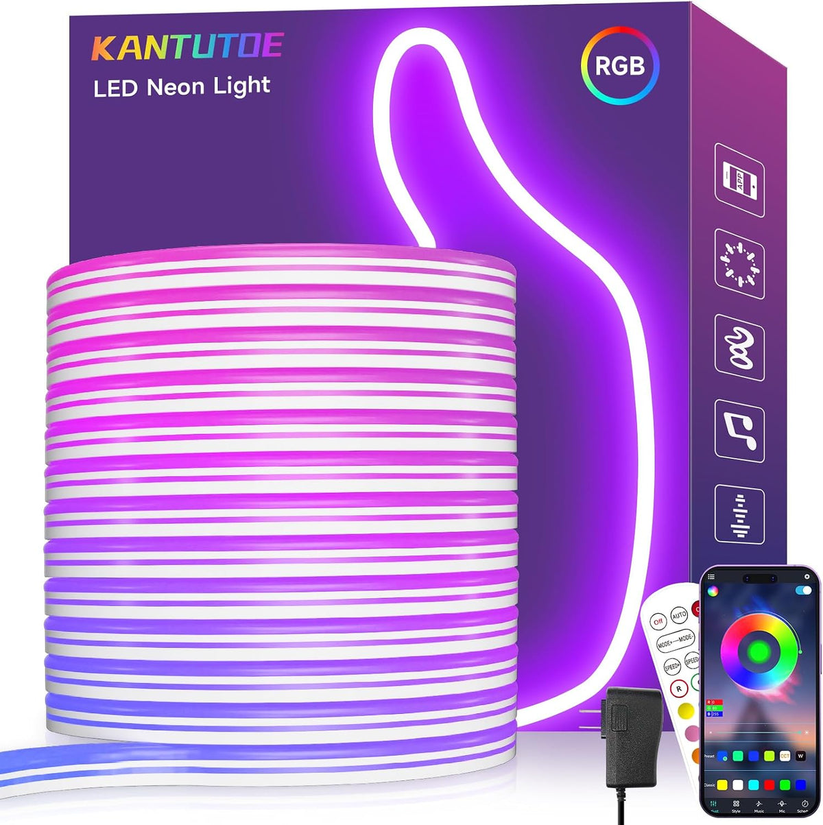 KANTUTOE LED Neon Rope Lights, 32.8Ft RGB LED Light Strip, 24V Music Sync App/Remote Control DIY Rope Light, IP67 Waterproof Gaming Neon Strip Lights for Bedroom Indoor Oudoor Décor