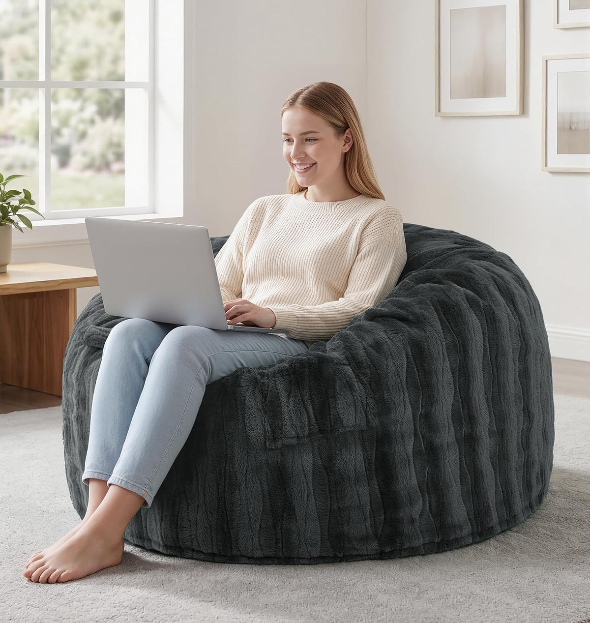 Fond + Found Adult Bean Bag Chairs 3FT Large Lounger, Wave Cover, Grey