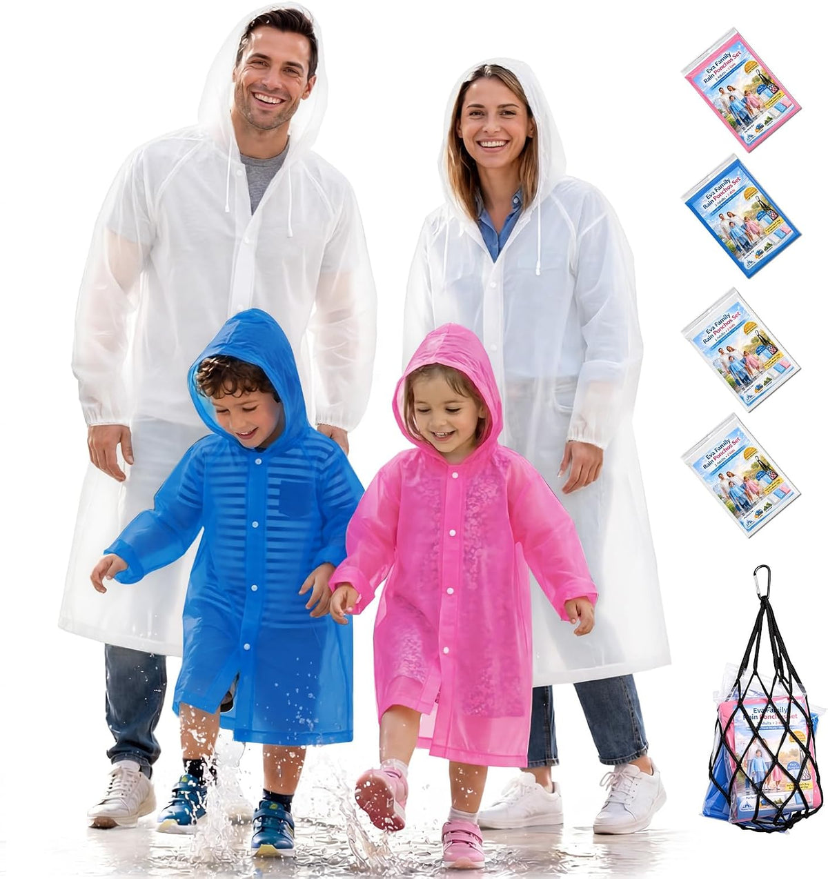 Reusable Rain Ponchos Family Pack - 4 Pack EVA Rain Coats for Adults & Kids