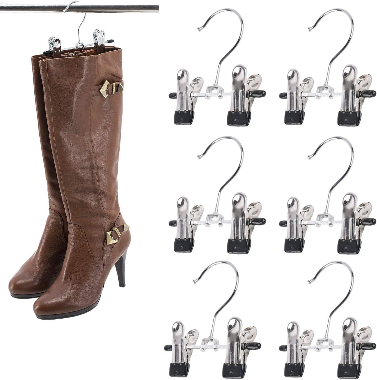 Double Adjustable Clips Boots Hangers,Space Saving Boots Socks Bags Hanging Clips Boot Holder Boot Organizer,Set of 6