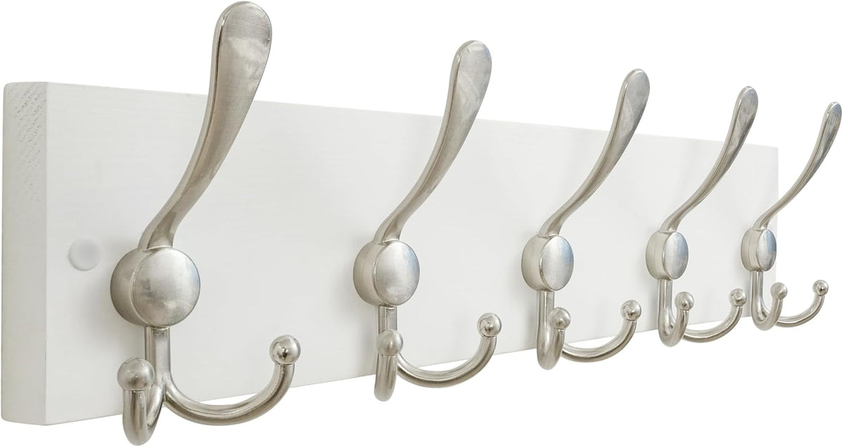 SKOLOO Creations White Solid Wood Wall Mounted Coat Rack, 5 Hooks, 16-7/8" Long - Kitchen, Mudroom, Entryway, Bathroom - Includes Mounting Hardware, Wall Coat Hanger, Towel Rack