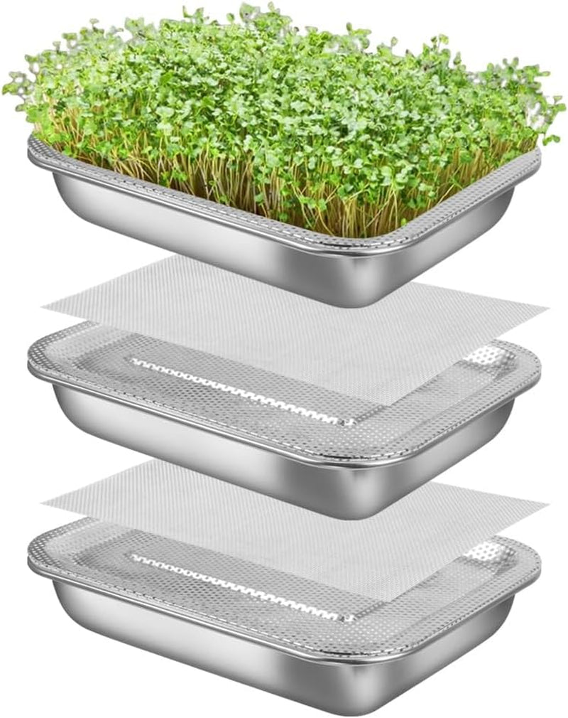 Picowe Stainless Steel Sprouting Trays Seed Sprouting Kit with Stainless Steel Mesh Tray Seed Starter Tray Seed Sprouting Kit (3Pack, 10.4 X 7.7Inch)