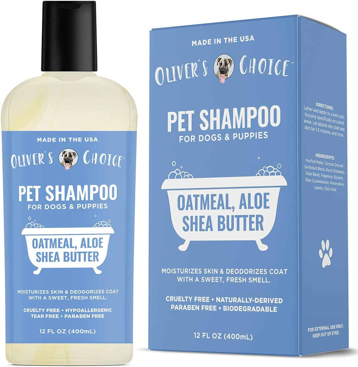 OLIVER'S CHOICE Dog Shampoo with Oatmeal, Aloe & Shea Butter – Deodorizing Puppy Shampoo for Smelly Dogs, Itchy Skin Relief, Paraben-Free, Biodegradable, Cruelty Free – 14 Fl. Oz