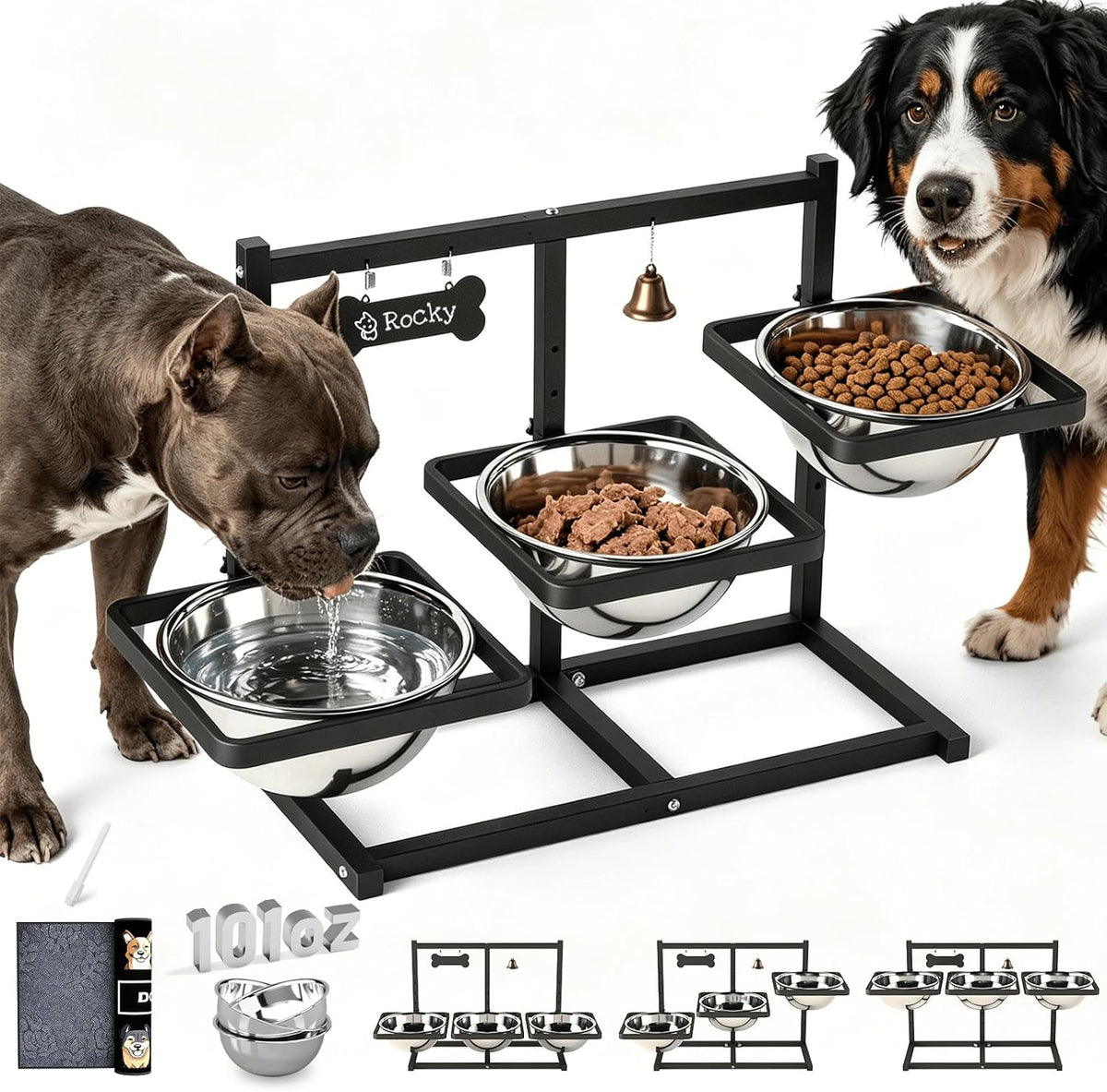 Extra Large Elevated Dog Bowl Stand for Multiple Dogs – 6 Height Adjustable Raised Stand with 3×101Oz Stainless Steel Bowls & Non-Slip Mat for Xlarge Breeds