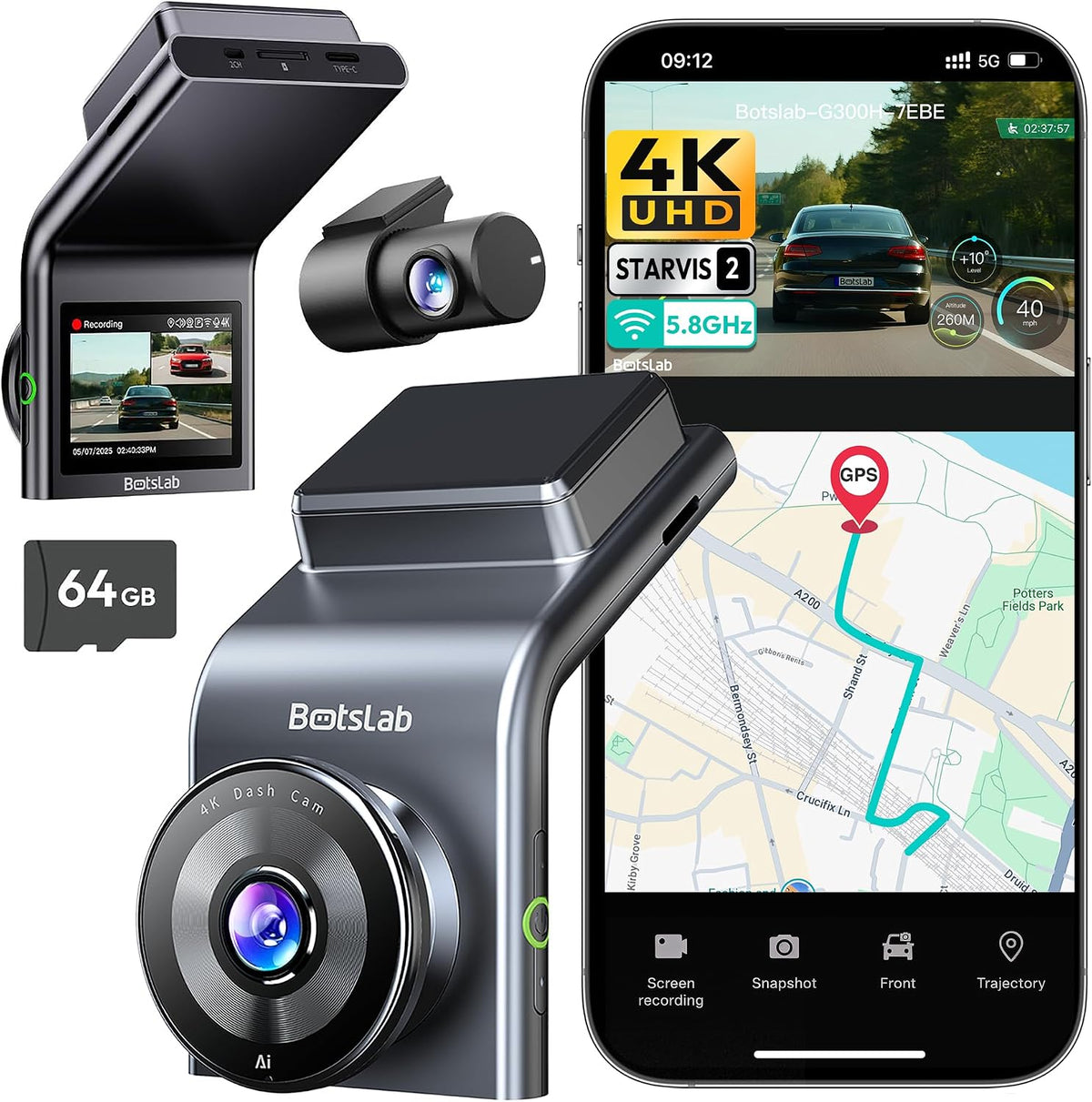 BOTSLAB G300H plus 4K STARVIS 2 Dual Dash Cam Front and Rear