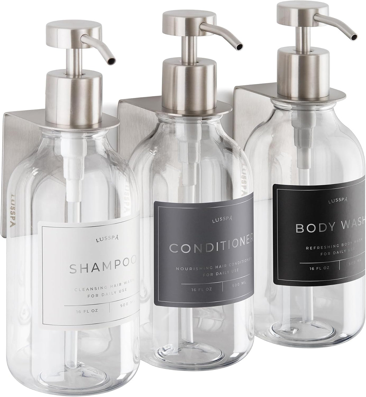 Shower Shampoo Dispenser Wall Mounted – 3 Refillable 16.9 Oz Clear Bottles with Stainless Steel Pumps & No-Drill Adhesive Holders – Soap Dispenser Set for Bathroom (3 X Clear/Silver)