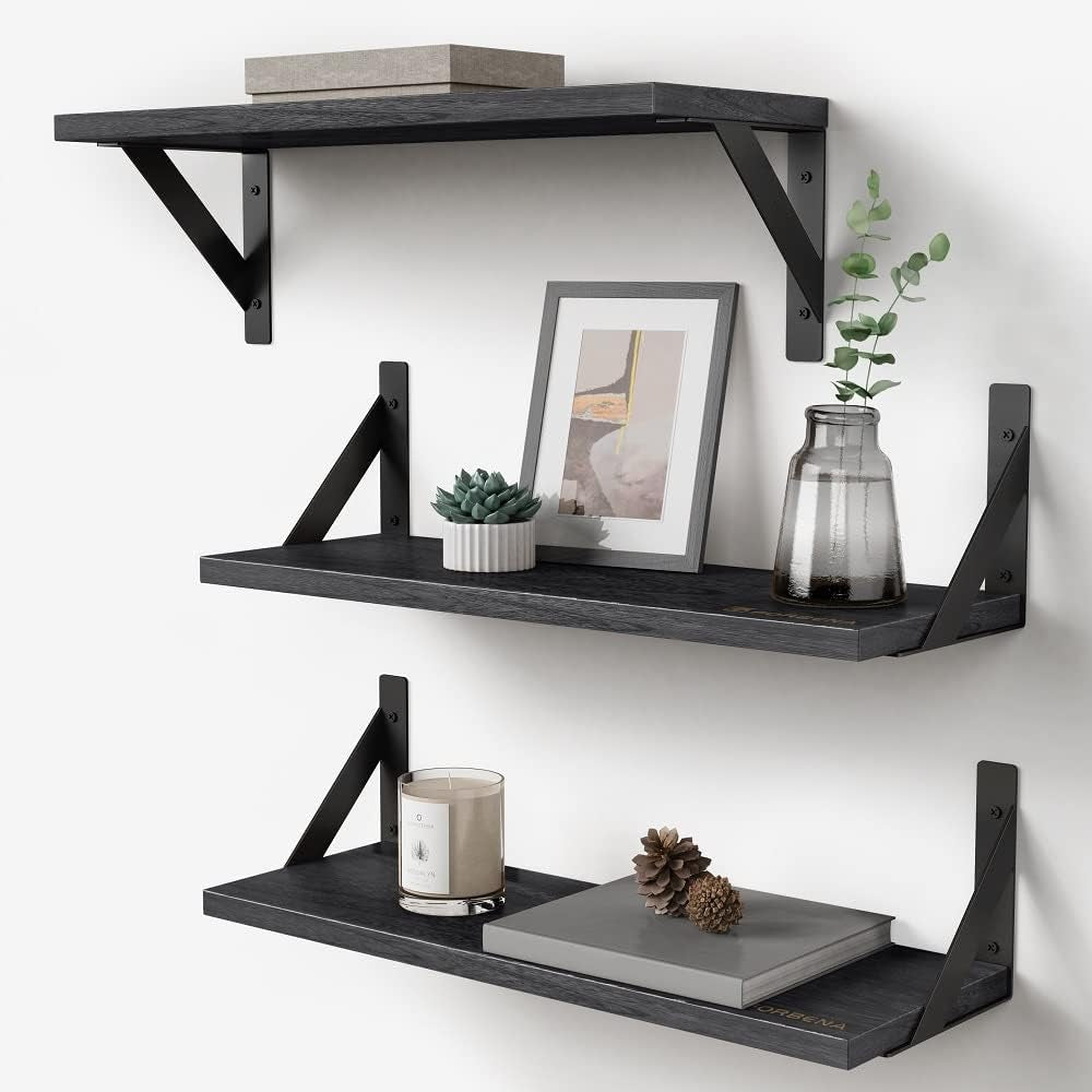 Forbena Black Floating Shelves Bathroom Set of 3, Wooden Wall Book Shelves, Rustic Shelf for Storage, Bathroom Organizer, Living Room, Kitchen, Office (Black)