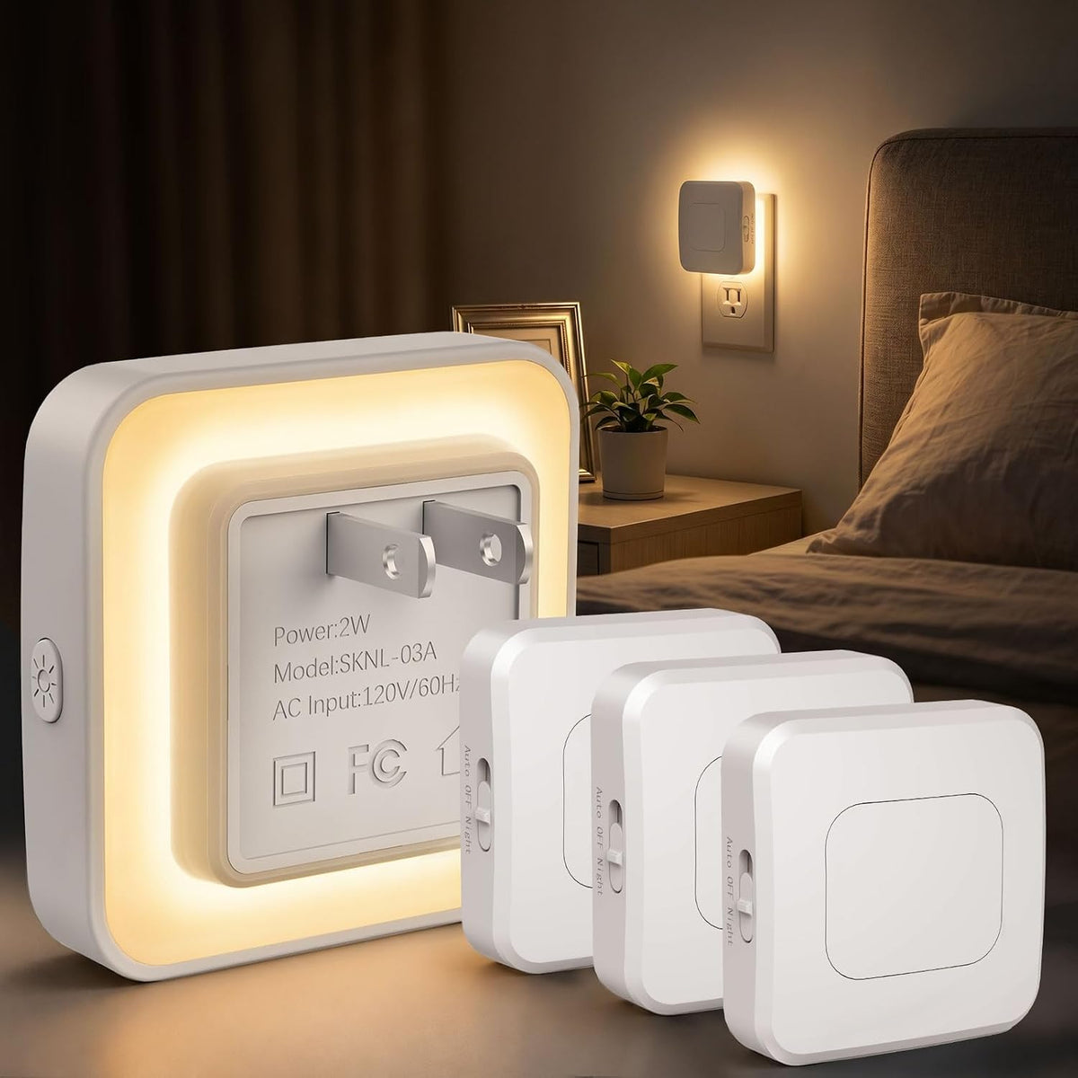 Sujeet Backlit Motion Sensor Night Light 4 Pack, Plug-In LED Nightlight Dusk to Dawn Sensor 1-80LM Adjustable Brightness Night Light for Hallway Bathroom Kids Room (Backlit -Warm White, 4-Pack)