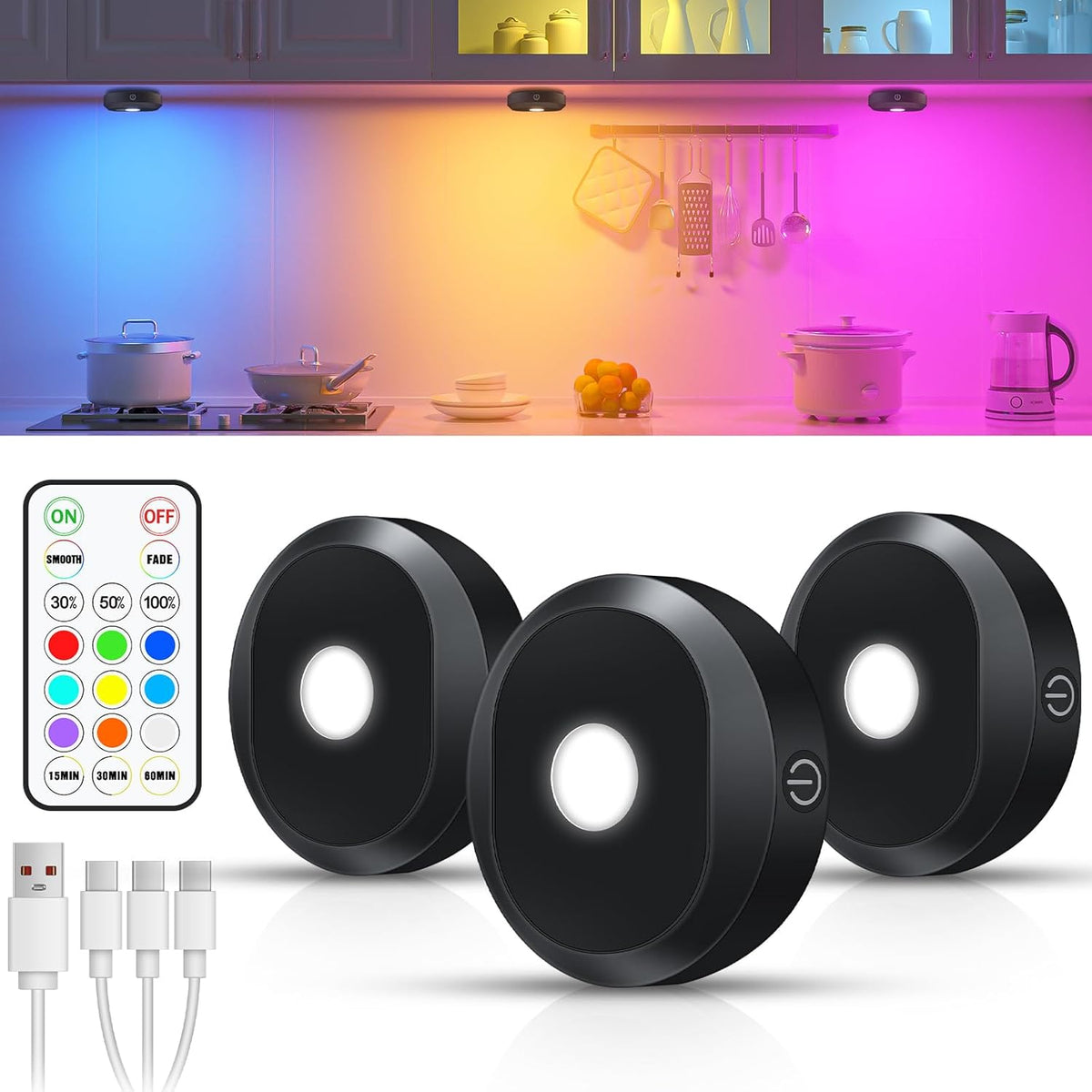 WILLED RGB under Cabinet Lights,Rechargeable Puck Lights with Remote Control, Wireless Push Light with Timer Function,Dimmable LED Touch Tap Light for Kitchen,Cabinet,Closet, Counter,3 Pack