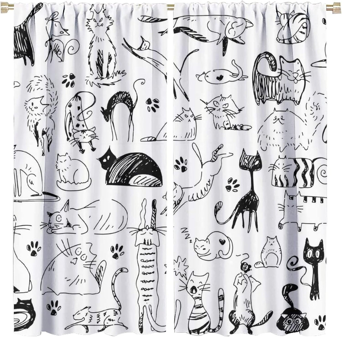 Cute Cat Rod Pocket Blackout Curtains - Abstract Black & White Animal Cat Window Treatment Set Energy Saving Thermal Insulated Drapes for Living Room 2 Panels 45L X 21W