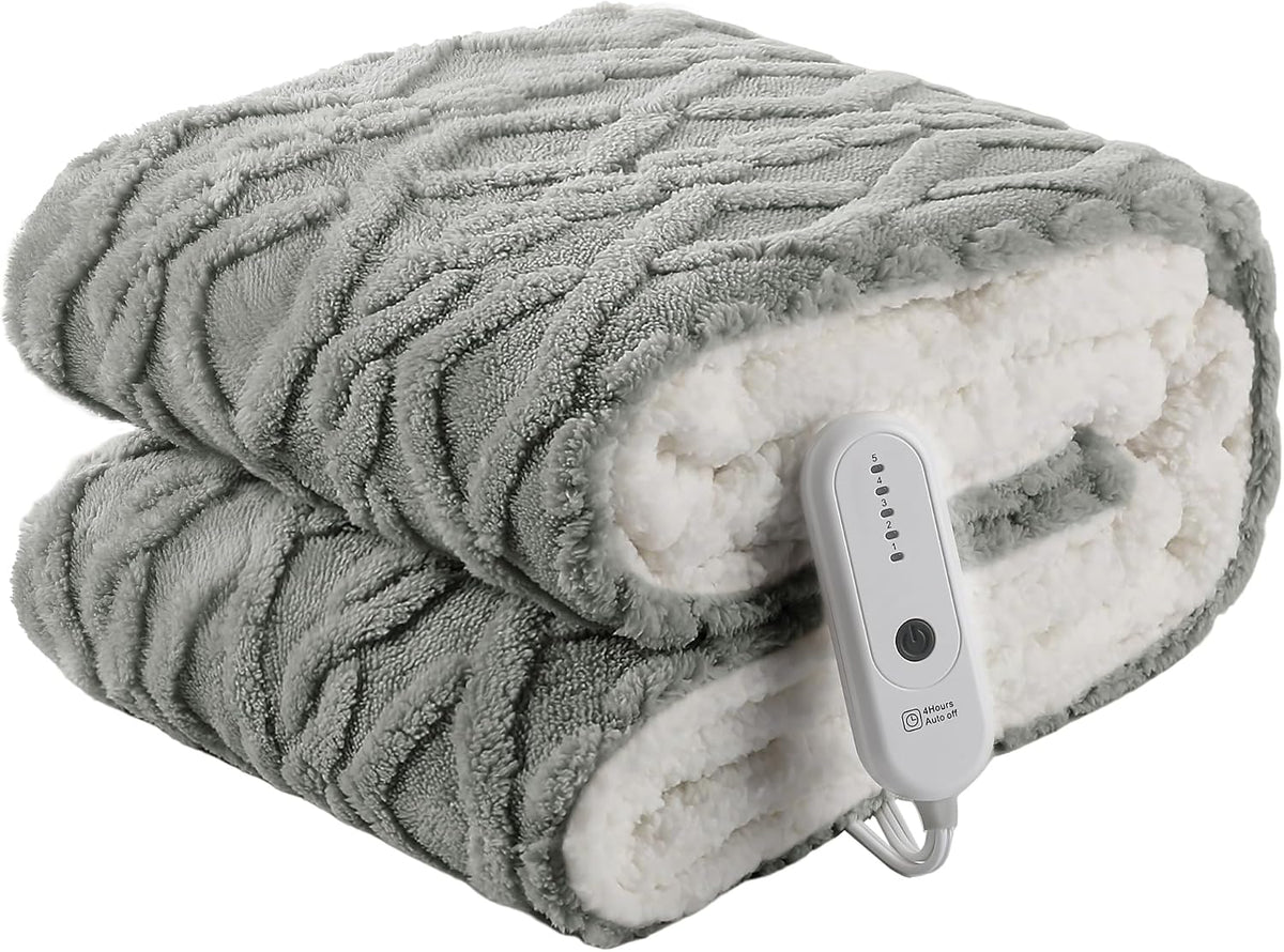 Heated Blanket Electric Throw 50''X60''-Fluffy Ultra Soft Electric Blanket with 3D Stylish Design, 240G plus 200G Sherpa, 5 Heating Levels and 4 Hours Auto Off, Machine Washable, Gray
