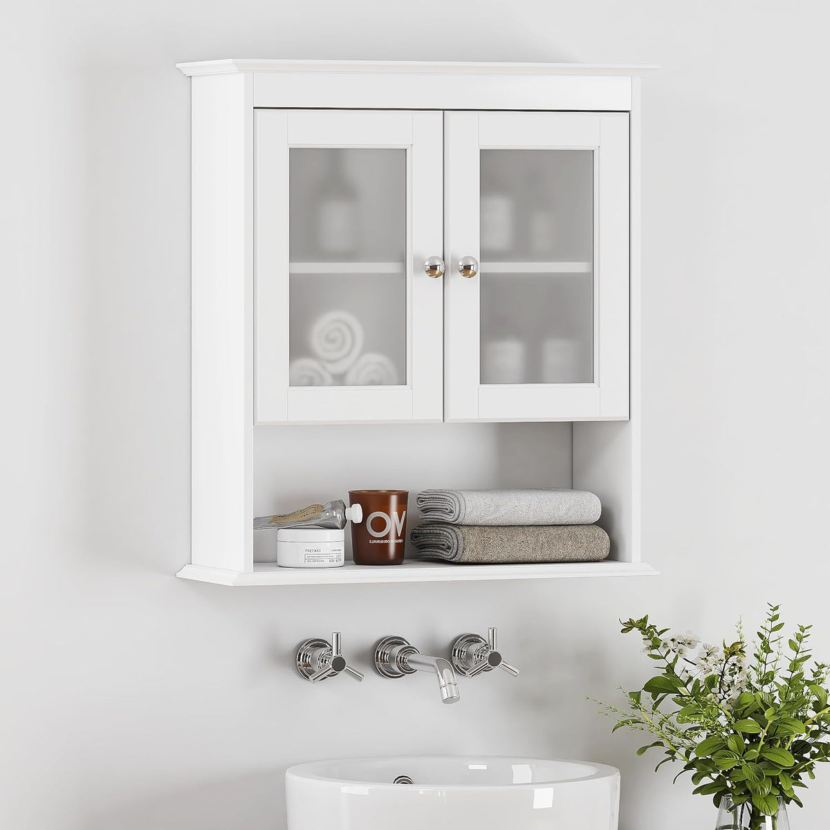 Spirich Bathroom Wall Cabinet with Glass Doors, White Medicine Cabinet