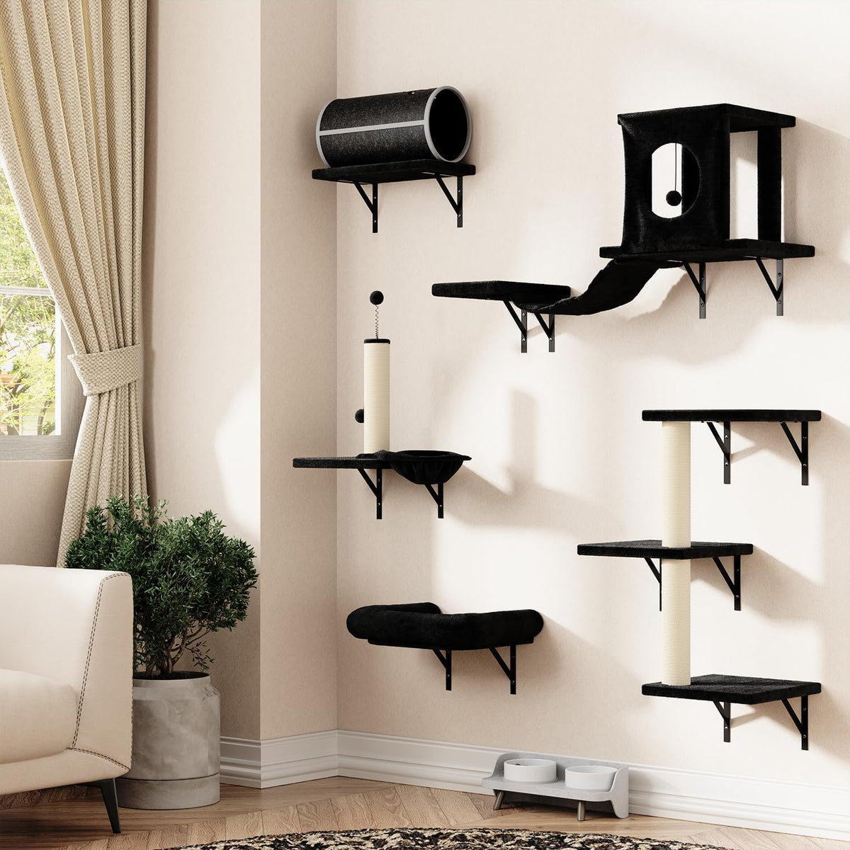 7-In-1 Cat Wall Shelves, Wall Mounted Climber Set, Classic Black