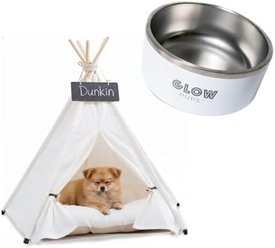 Dog Teepee Bed (White) and Premium Insulated Bowl Bundle (White, 32Oz)