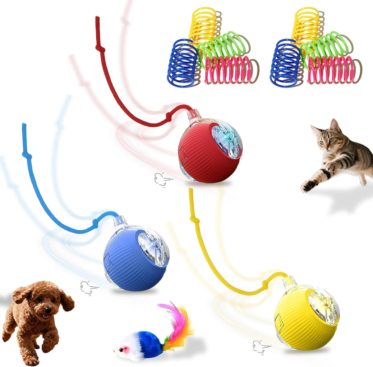 3-Pack Interactive Cat Toys Ball for Indoor Cats&Dog,Automatic Cat Toy 360° Auto-Rotation Smart Obstacle Avoidance,Includes 8 Cat Spiral Spring,Cat Enrichment Toys for Indoor Cats