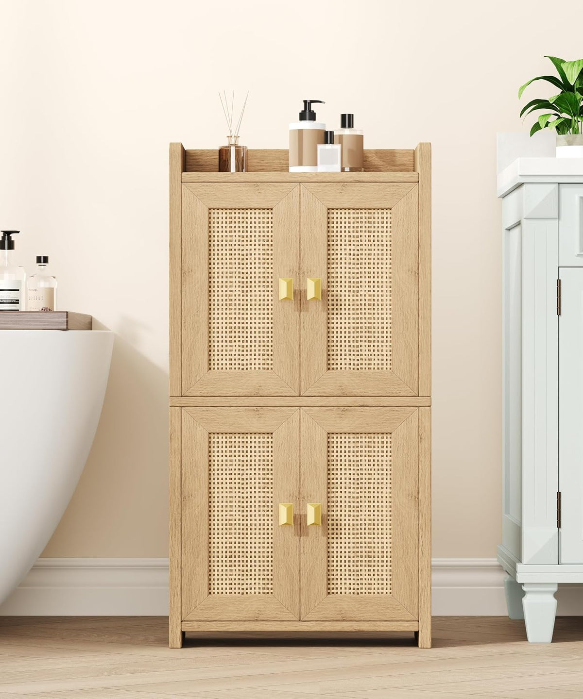 Akxomel 15" Rattan Small Bathroom Cabinet 4 Doors Adjustable Shelf Oak