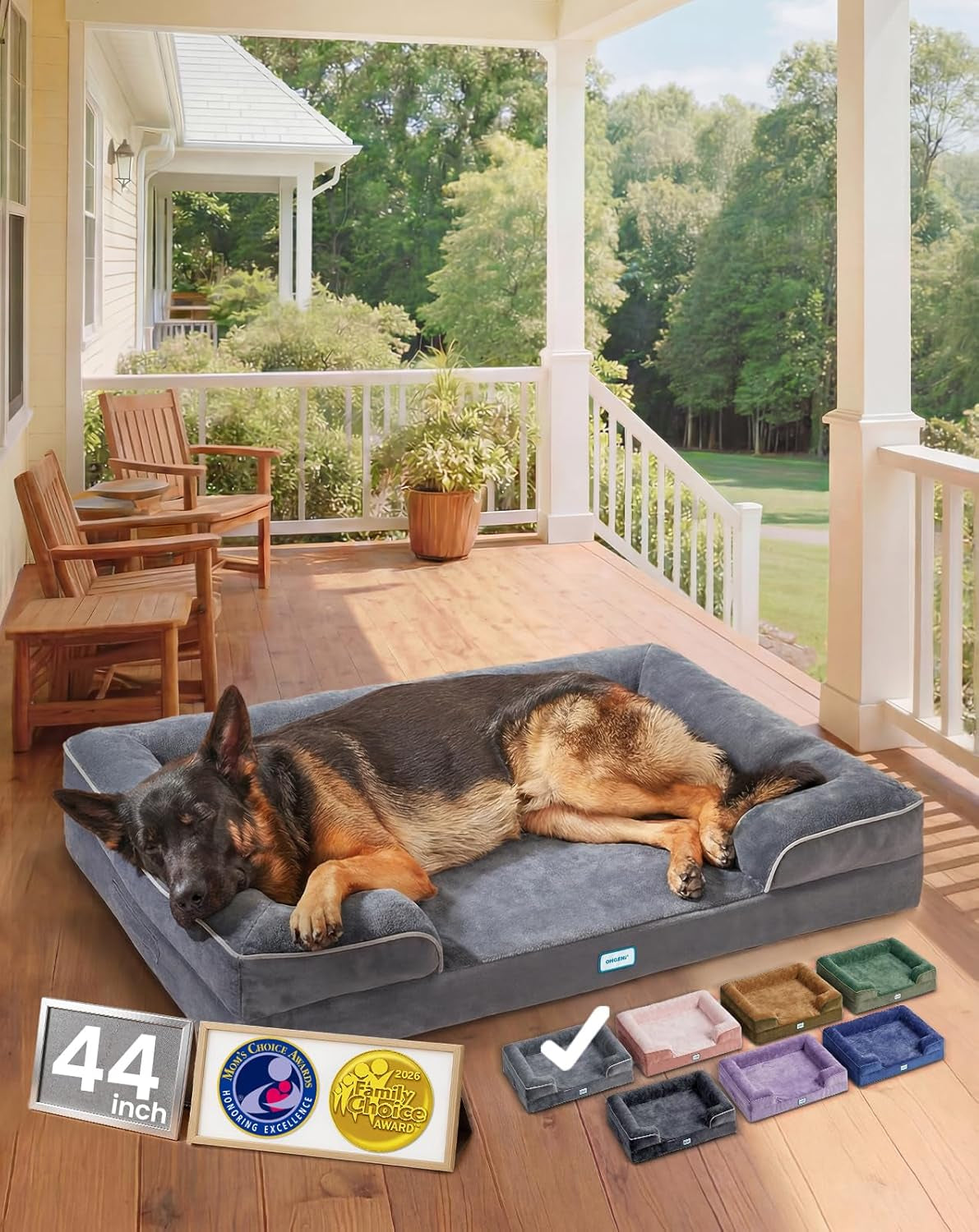 Ohgeni Orthopedic Dog Bed Couch Big Cat Sofa for Extra Large Sized Pets with Memory Foam, Machine-Washable Waterproof Removable Cover, Soft Comfortable Fabric, 44-Inch (Gray)