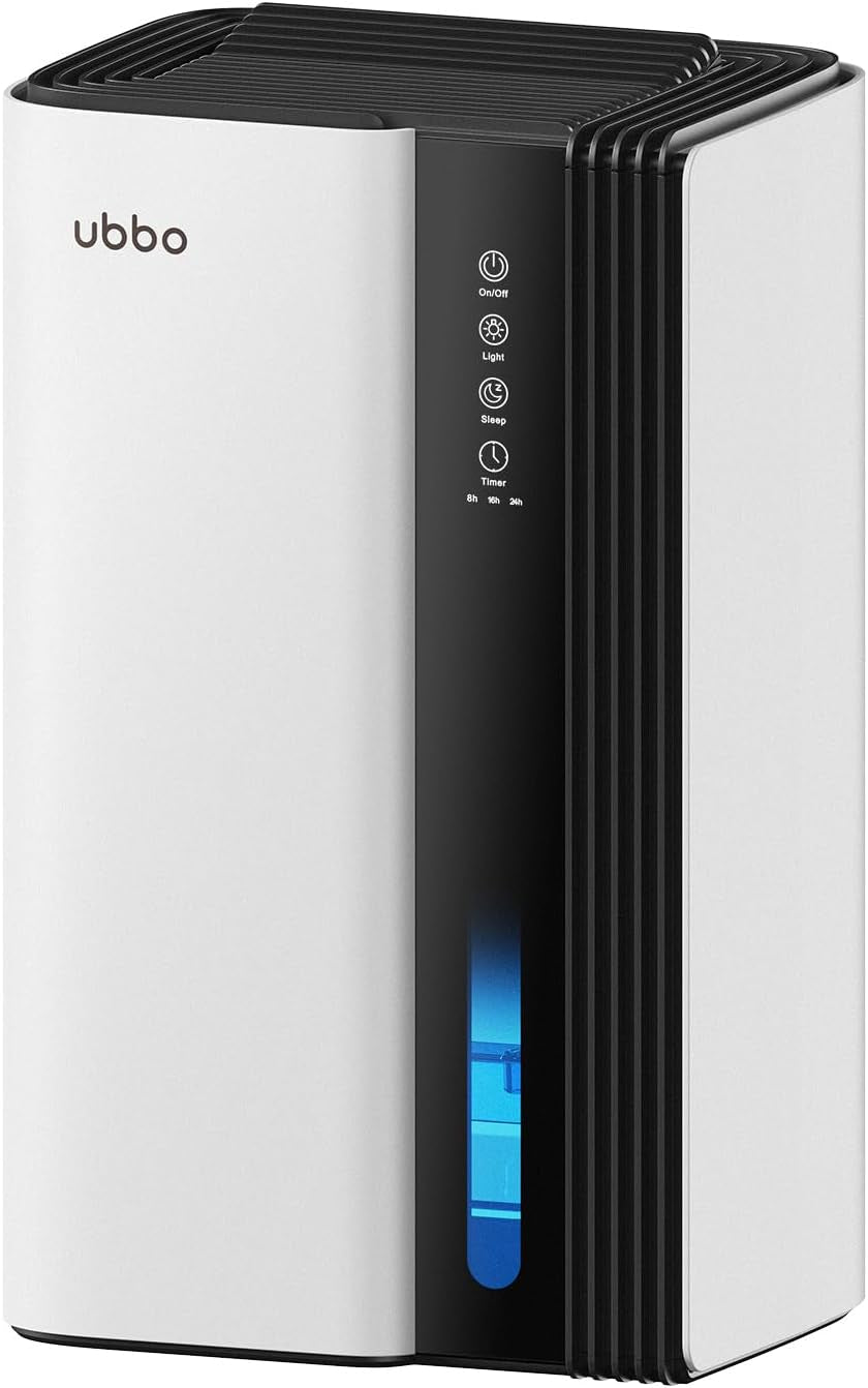 UBBO 95Oz Dehumidifiers for Home, 1000 Sq.Ft Dehumidifier with Drain Hose - Auto Shut Off, Timer, Sleep Mode & Drain Hose - 7 Color Light for Bedroom, Bathroom, RV - White