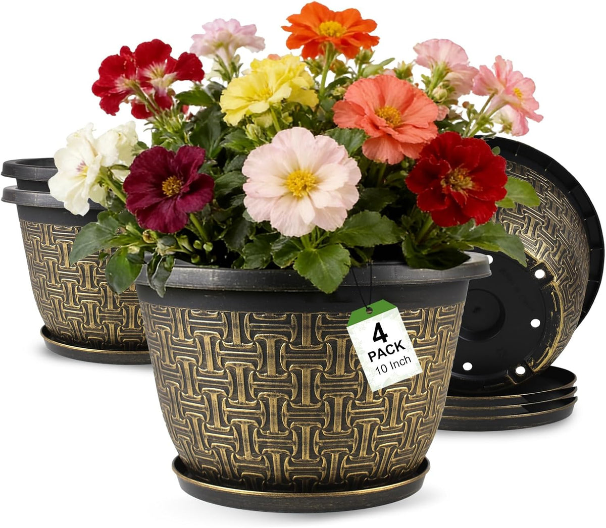Nooulap 10 Inch 4 Pack Flower Pots for Outdoor