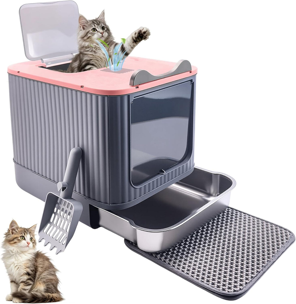 Stainless Steel Cat Litter Box Enclosed, Small, Dual Entry, Pull-Out Tray
