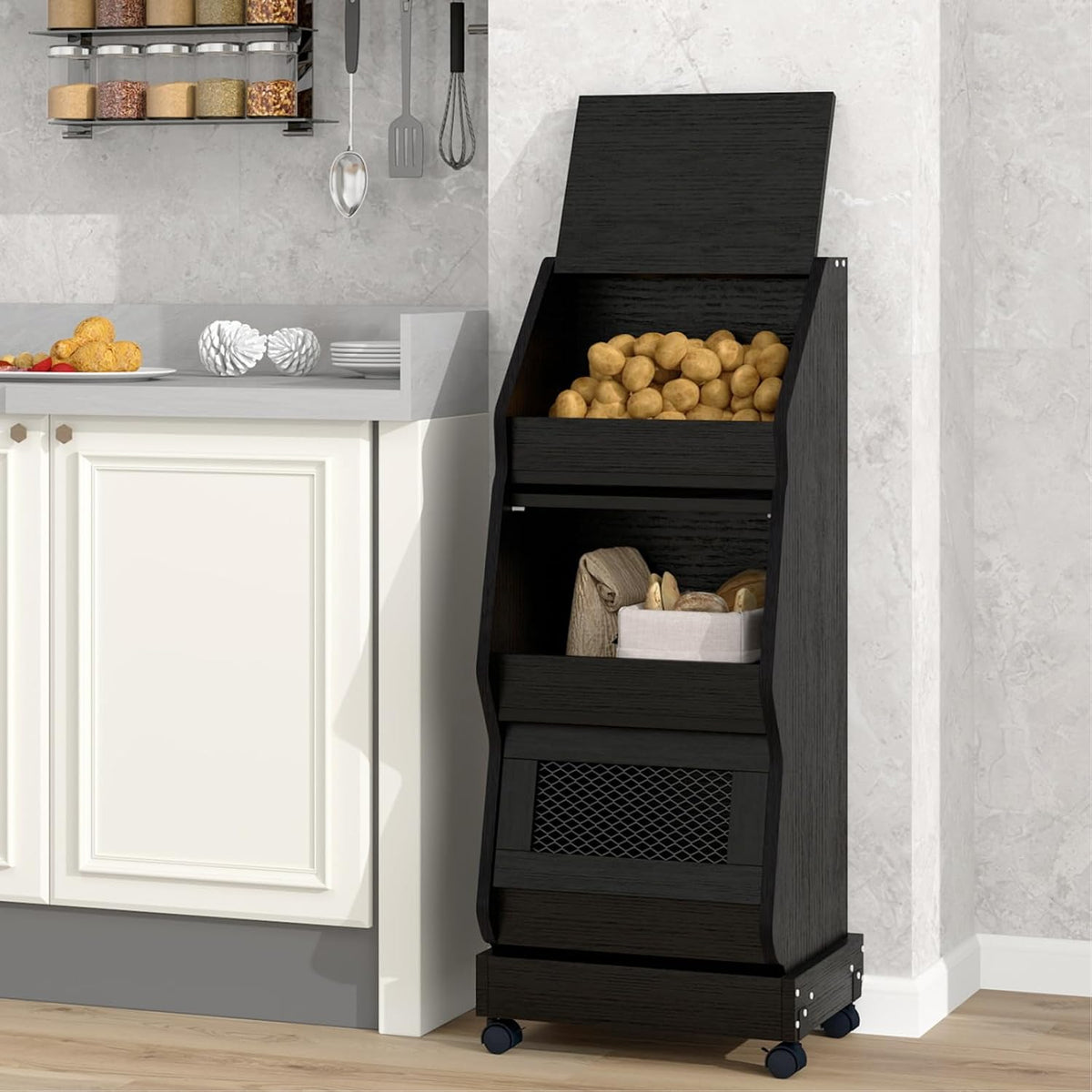 ARTETHYS Potato and Onion Storage Bin Black Movable Bread Box with Wheels