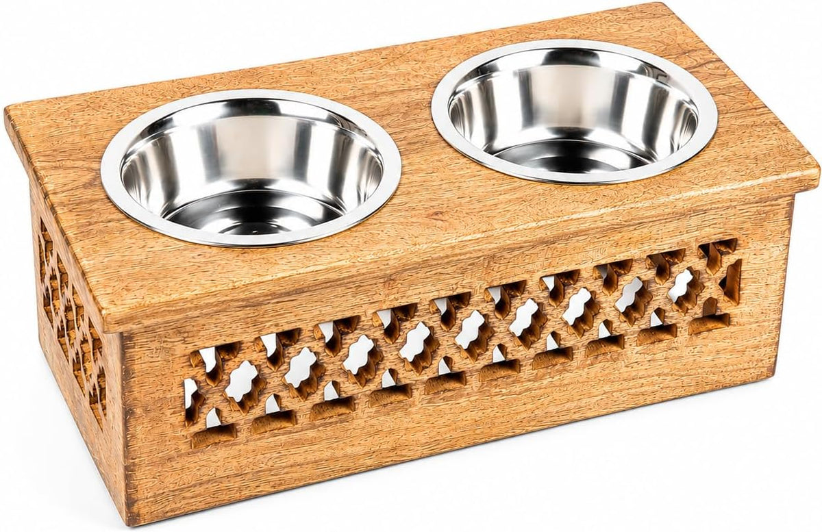 Wooden Elevated Pet Feeder Station with 2 Stainless Steel Bowls | Raised Dog & Cat Feeding Stand | Food & Water Bowl Holder for Cats, Puppies | Wooden Pet Dining Table | 16 X 8.5 X 5 Inches