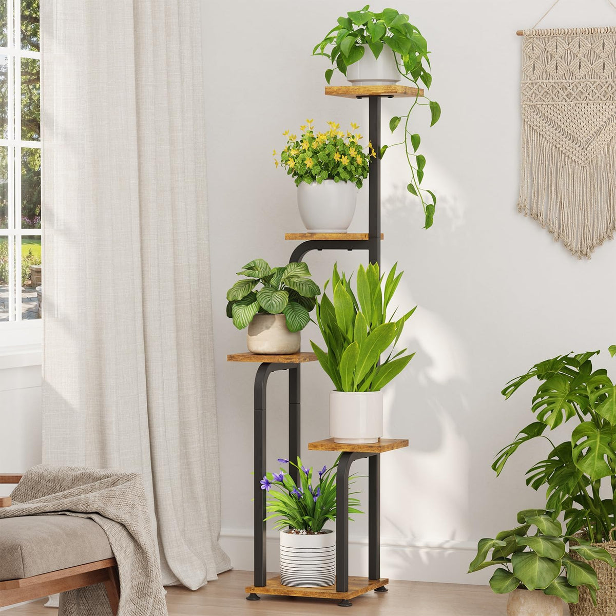 Idavosic.Ly Tall Plant Stand Indoor, Corner Tiered Wooden Tray, Black Brown