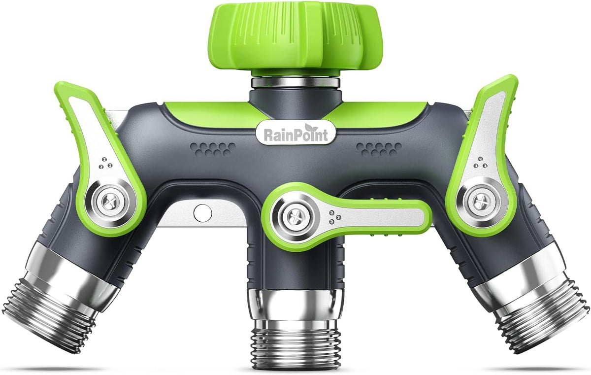 RAINPOINT 3 Way Hose Splitter, 100% Metal Heavy Duty Garden Hose Splitter with 1.9" Extra Long Handle & Individual Shut Off, 3/4 Inch GHT Thread Water Hose Connector for Outdoor Spigot Faucet (Green)