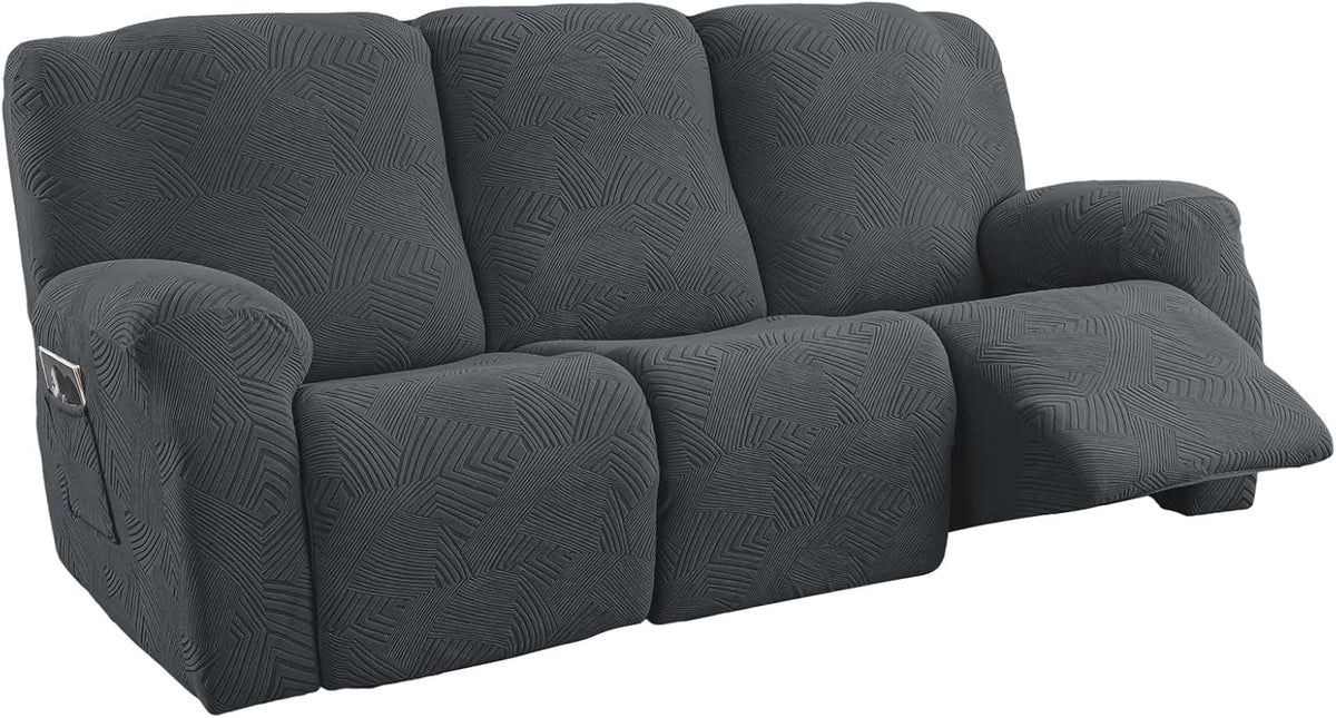 5-Piece Stretch Geometric Recliner Sofa Cover, 3 Seater, Dark Gray