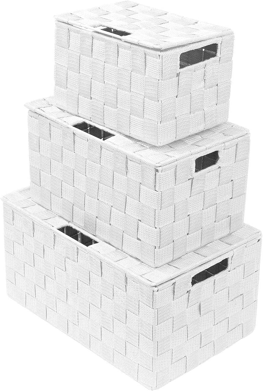 Sorbus Storage Basket with Lid, 3-Piece Woven Set for Shelves (White)