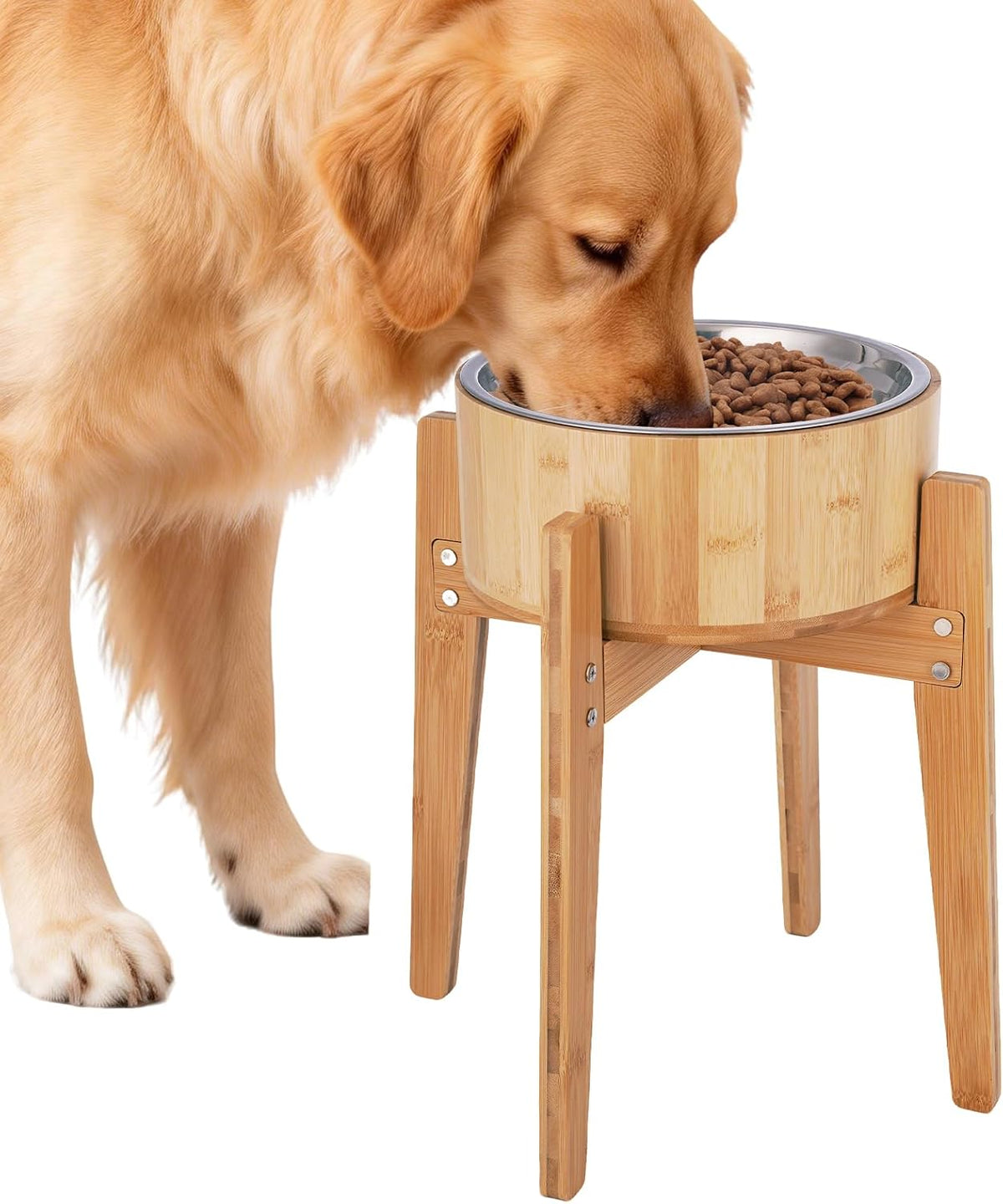 Elevated Dog Bowls for Large Dogs Feeder Two Bowls with a Stainless Steel and Bamboo Dishes,Raised Dog Bowl Stand with Non-Slip Feet,Ideal for Medium and Large Breeds, (13.5-Inch High)