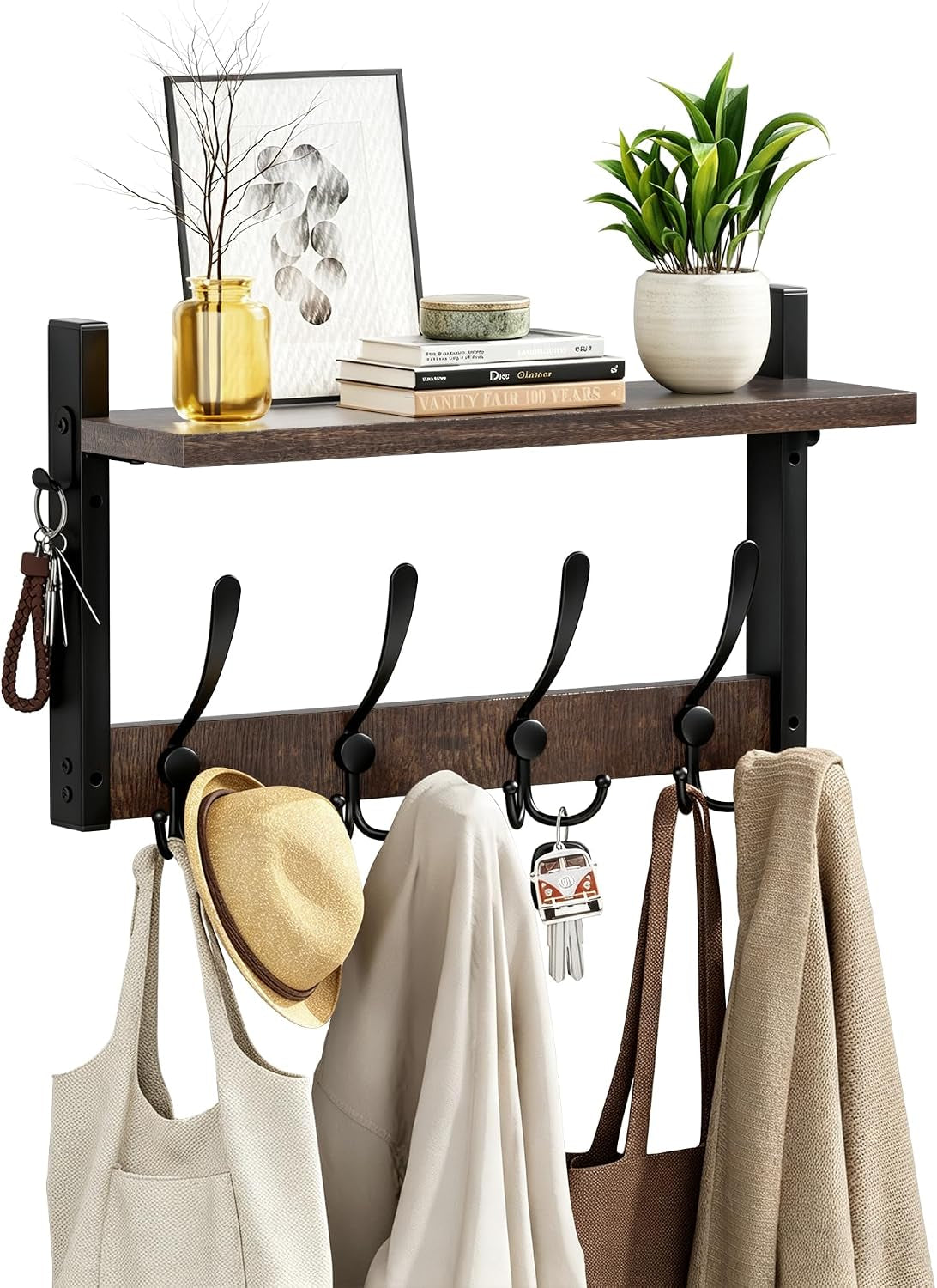 Hanyi 16" Wood Coat Rack Wall Mount with Shelf, 4 Triple-Prong Hooks, Brown