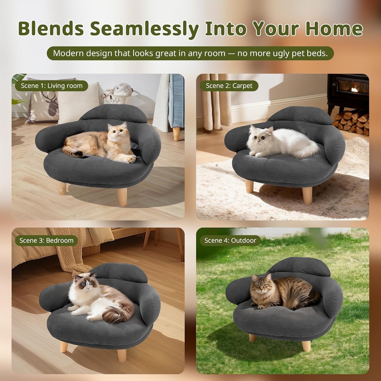 Cat Sofa Furniture-Style Pet Bed with Removable Cotton Velvet Cover, Solid Pine Wood Legs, for Cats and Small Dogs, Gray