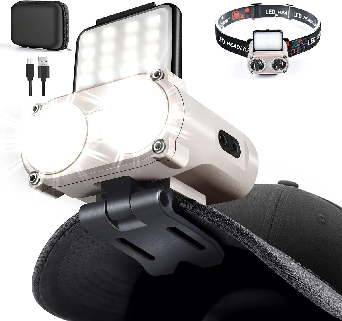 Hopedone 2-In-1 Rechargeable Headlamp & Hat Light, 800LM Clip-On Cap Light