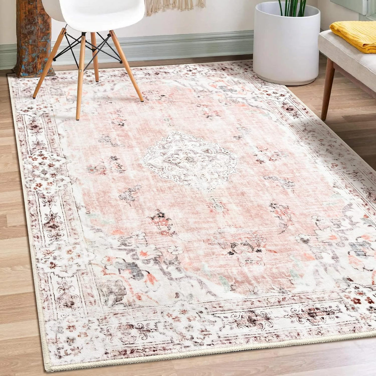 MUJOO Pink Rug 3X5 Washable,Boho Area Rugs Small Non Slip Low-Pile Floral