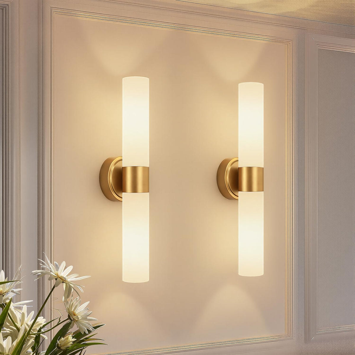 Hardwired Wall Sconces Set of Two, Modern Bathroom Sconces Wall Lighting with Milky White Glass, Brushed Gold Sconces Wall Decor Set of 2 for Bathroom Mirror Bedroom Living Room Hallway