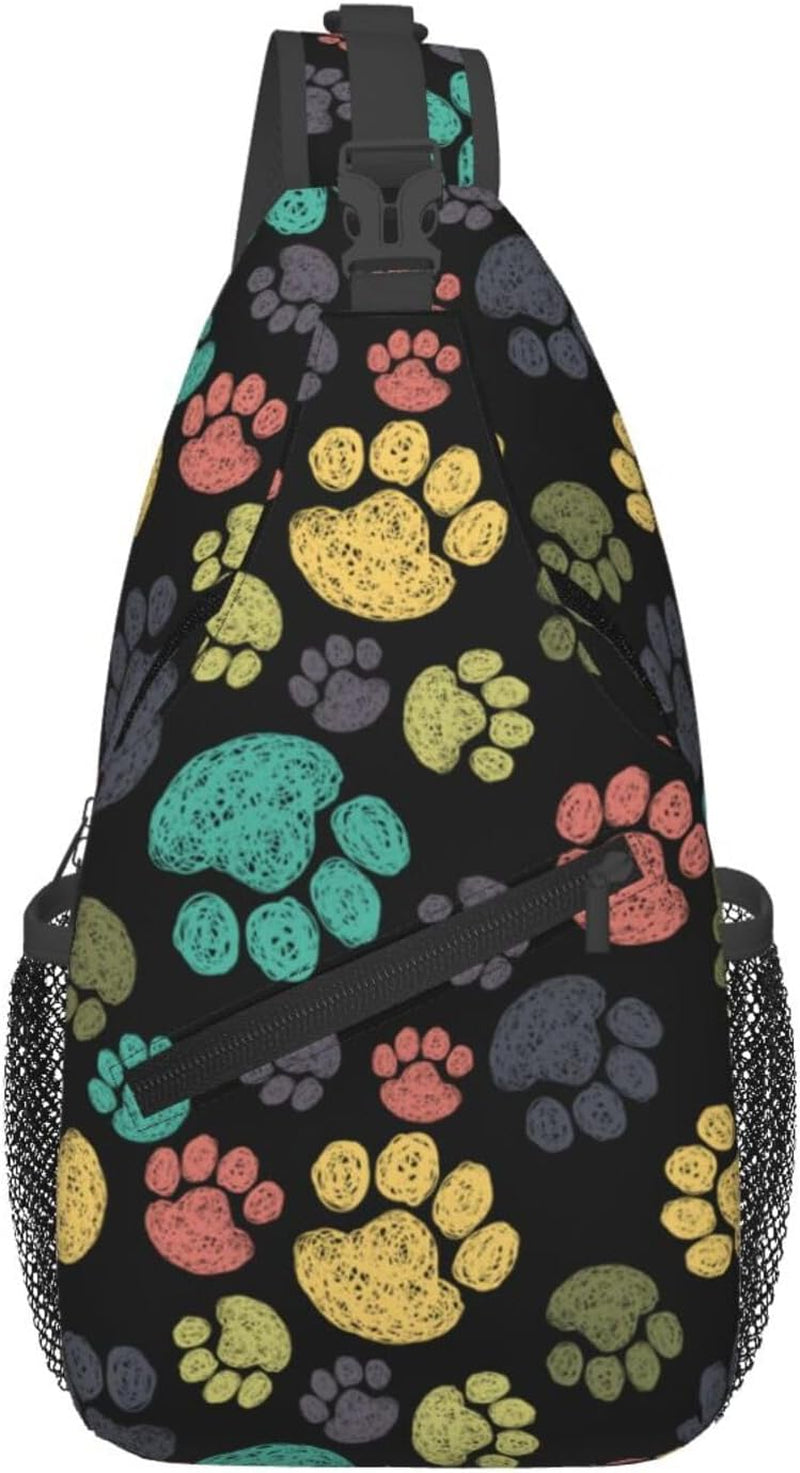 Colorful Paw Print Sling Bag for Women Men Rainbow Puppy Dog Paws Doodle Style Crossbody Backpack Cute Animal Footprint Sling Backpack Casual Shoulder Bag Sports Bag Travel Hiking Daypack