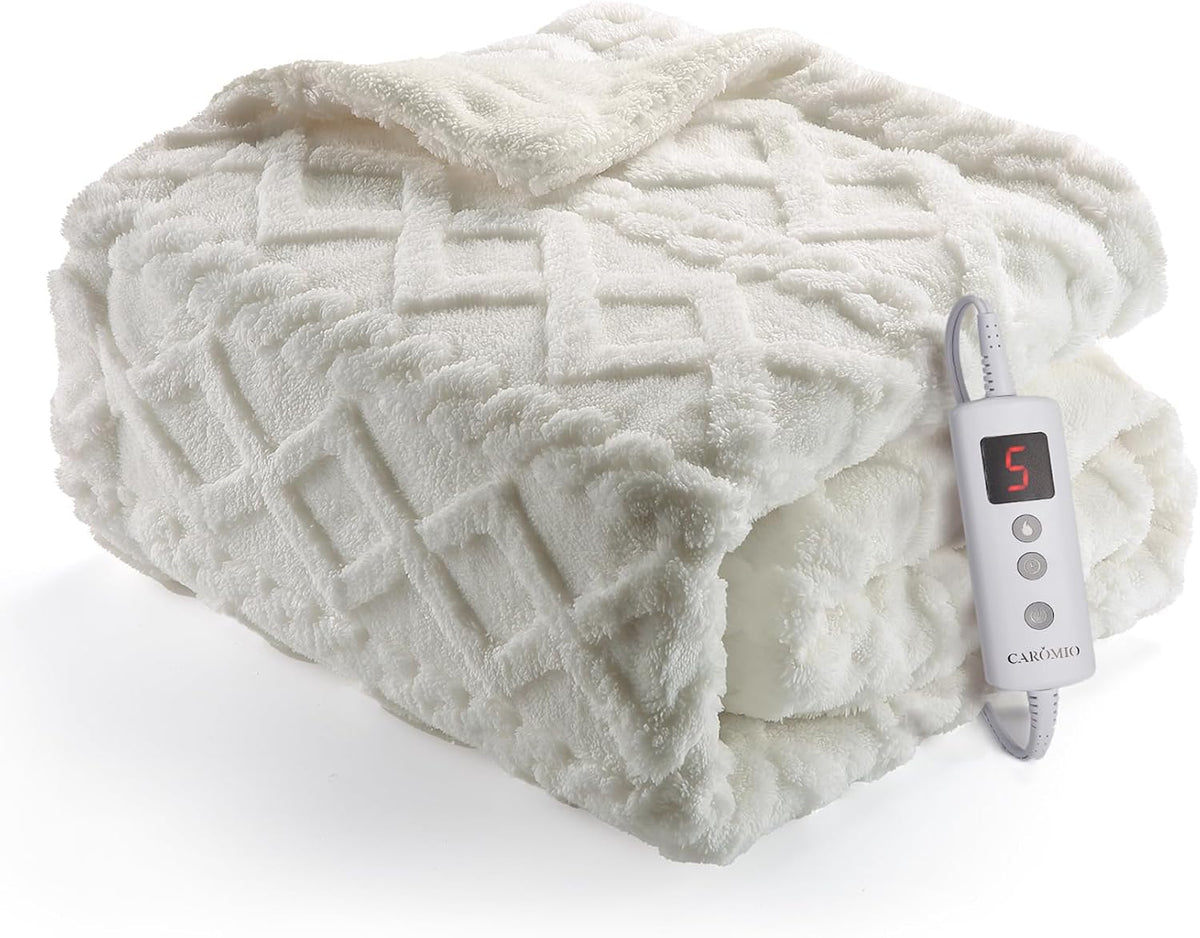 CAROMIO Heated Throw Blanket - Thick Tufted Sherpa Electric Blanket Throw with 10 Heating Levels and 10 Time Settings, ETL Certified Machine Washable Fast Heating Blanket Throw 50"×60", off White