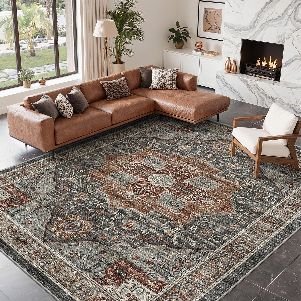 Roxstand 8X10 Washable Area Rugs, Vintage Non Slip Rug, Grey/Brown/Tan