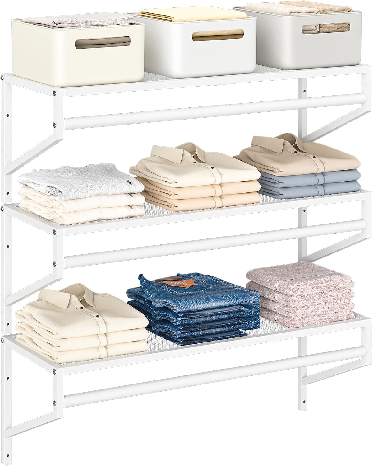 Threehio 3 Pack Closet Shelves Wall Mounted, 2.7 Ft X 11.8In Wire Closet Shelf with Hanging Rod, White Metal Clothes Organizer, Floating Wall Shelving Storage for Laundry Room, Garage Organization