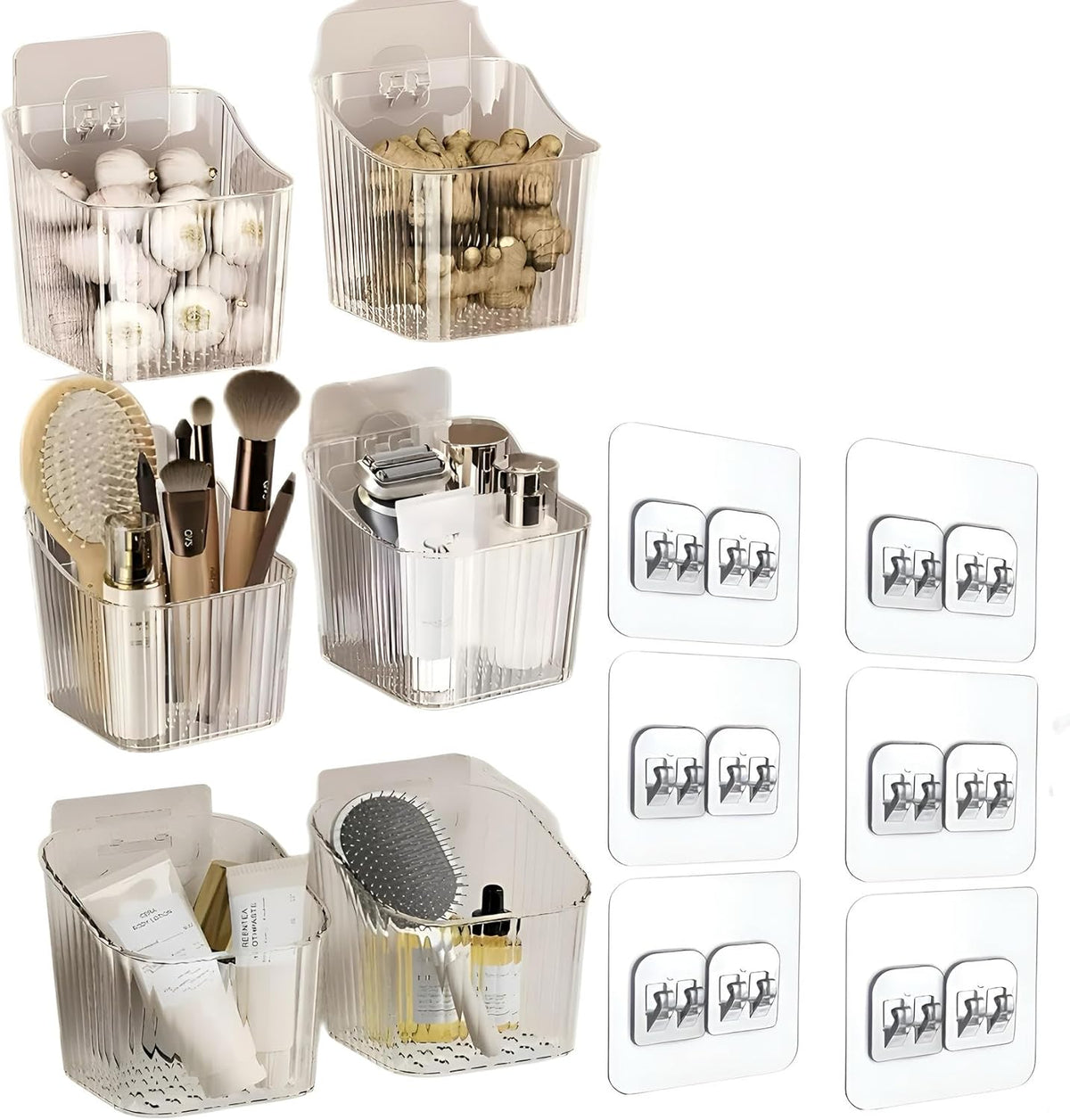 6Pack Small Wall Mount Organizer, Adhesive Cabinet Door Storage Bins, Clear Makeup Container, Stackable Organizer Basket for Kitchen, Bathroom, Rv, Pantry, Office,Refrigerator Small Items Storage