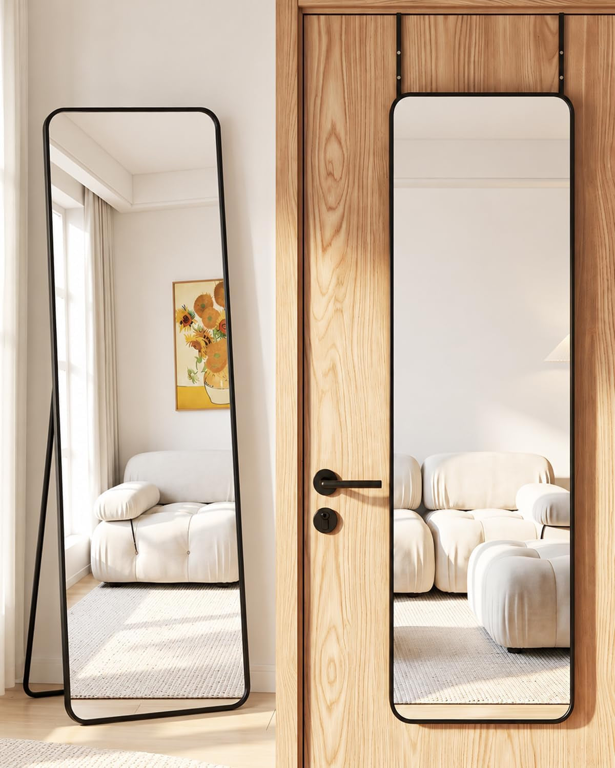 Antok 48"X14" over the Door Mirror, Full Length Mirror with Stand, Black