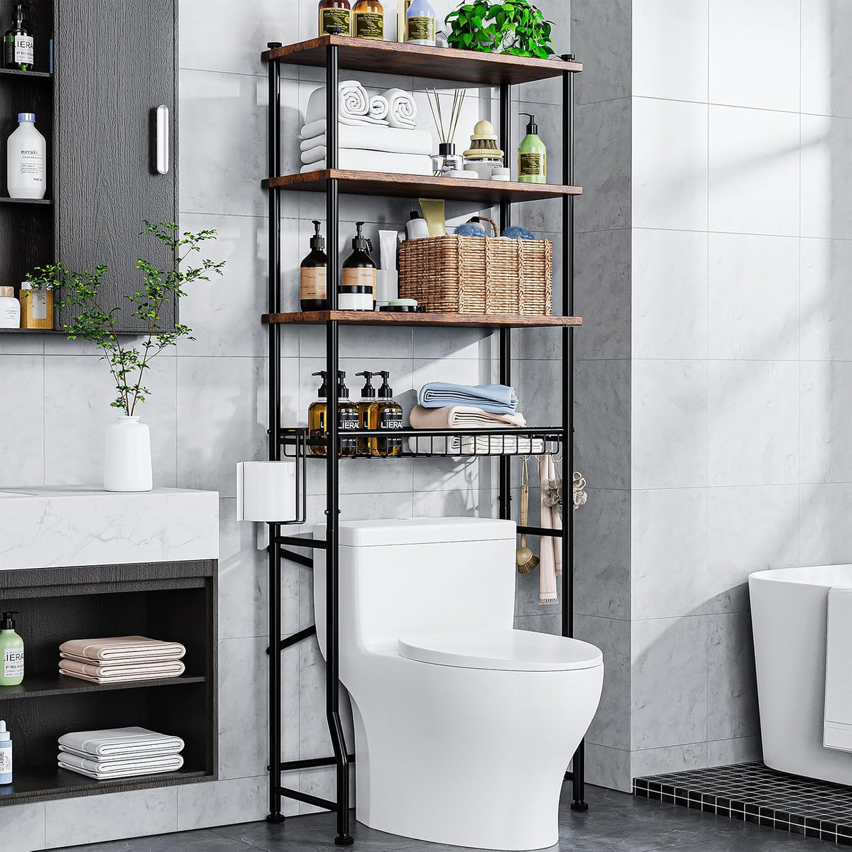 Over-The-Toilet Storage Shelf,4-Tier Bathroom Organizer Cabinet Rack and Storage over Toilet with Shelf Waterproof Feet Pad and Basket,Multifunctional Space Saver Freestanding Bathroom Shelves(Brown)